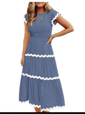 Blue Maxi Dress with White Scalloped Trim